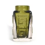 Geoffrey Baxter for Whitefriars, a small 'Greek Key' vase in sage green, 9810, h.