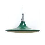 A 1970's green enamelled ceiling light with a stainless steel cap and a plastic diffuser
