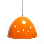 An orange enamelled ceiling lamp with a cream interior