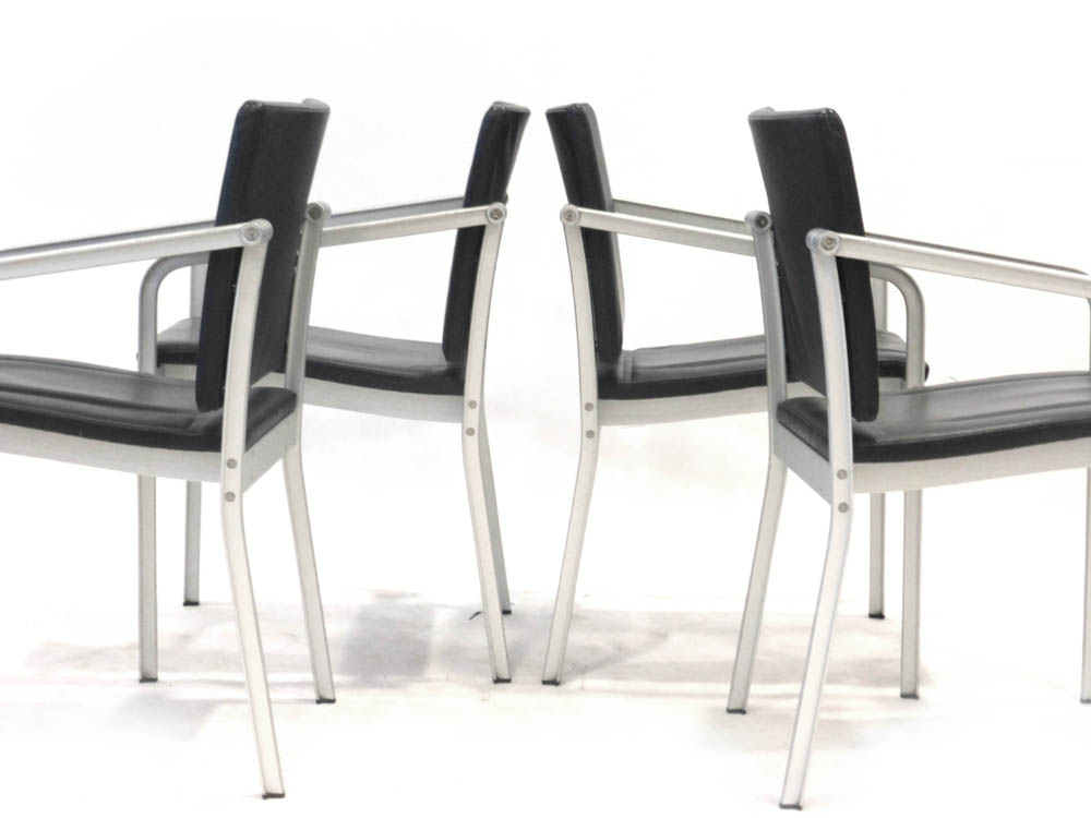 A set of six Thonet black leather and steel framed stacking office armchairs - Image 3 of 3