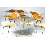 Robin Day for Habitat, a set of six oak and cream leather '675' chairs on chromed tubular legs,