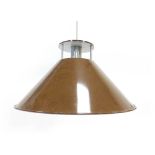 A set of four Danish 1970's brown enamelled pendant ceiling lights of trumpet form with aluminium
