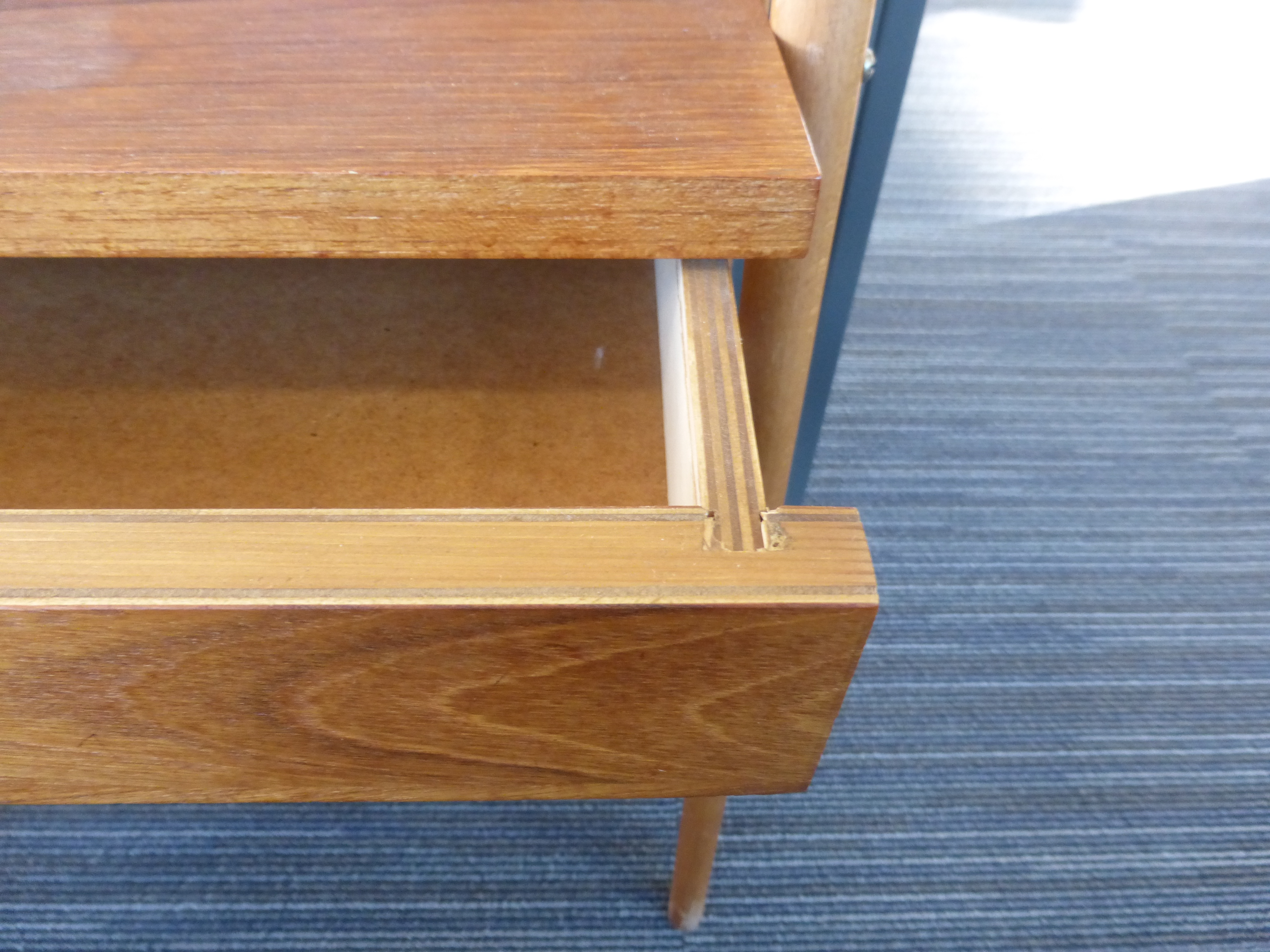 A pair of 1970's Swedish teak single drawer bedside cabinets on beech tapering legs, w. - Image 11 of 14