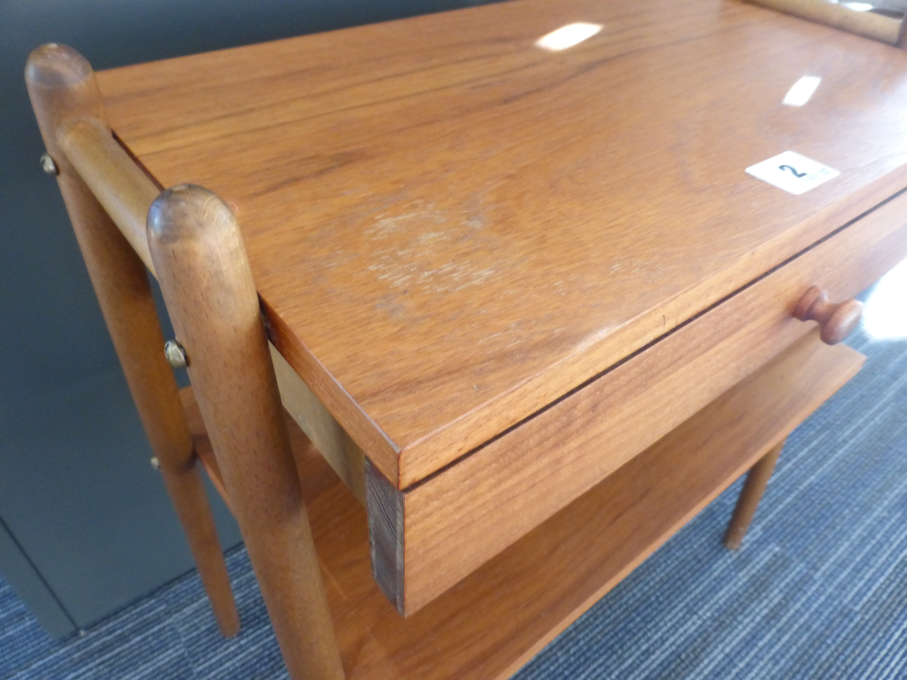 A pair of 1970's Swedish teak single drawer bedside cabinets on beech tapering legs, w. - Image 3 of 14