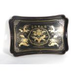 A Chinese lacquer work tray, gilt decorated with dragons on a black ground, w. 58.