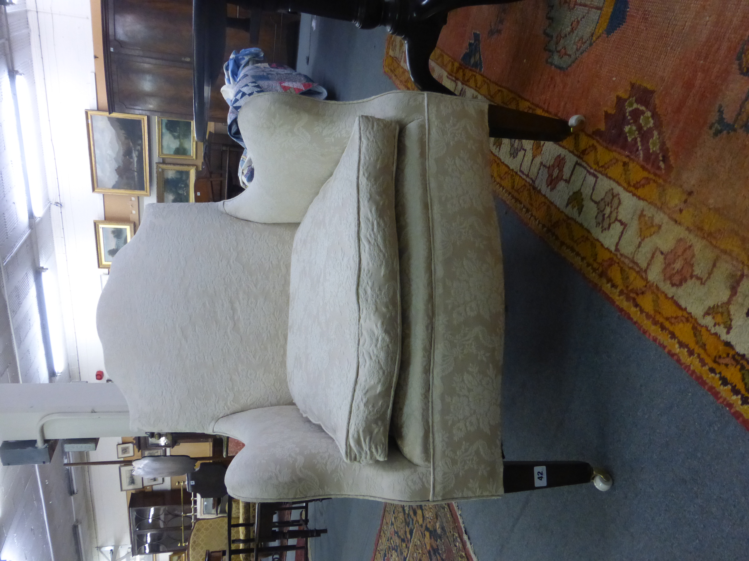 A George III-style upholstered highback armchair on mahogany square tapering legs - Image 2 of 7