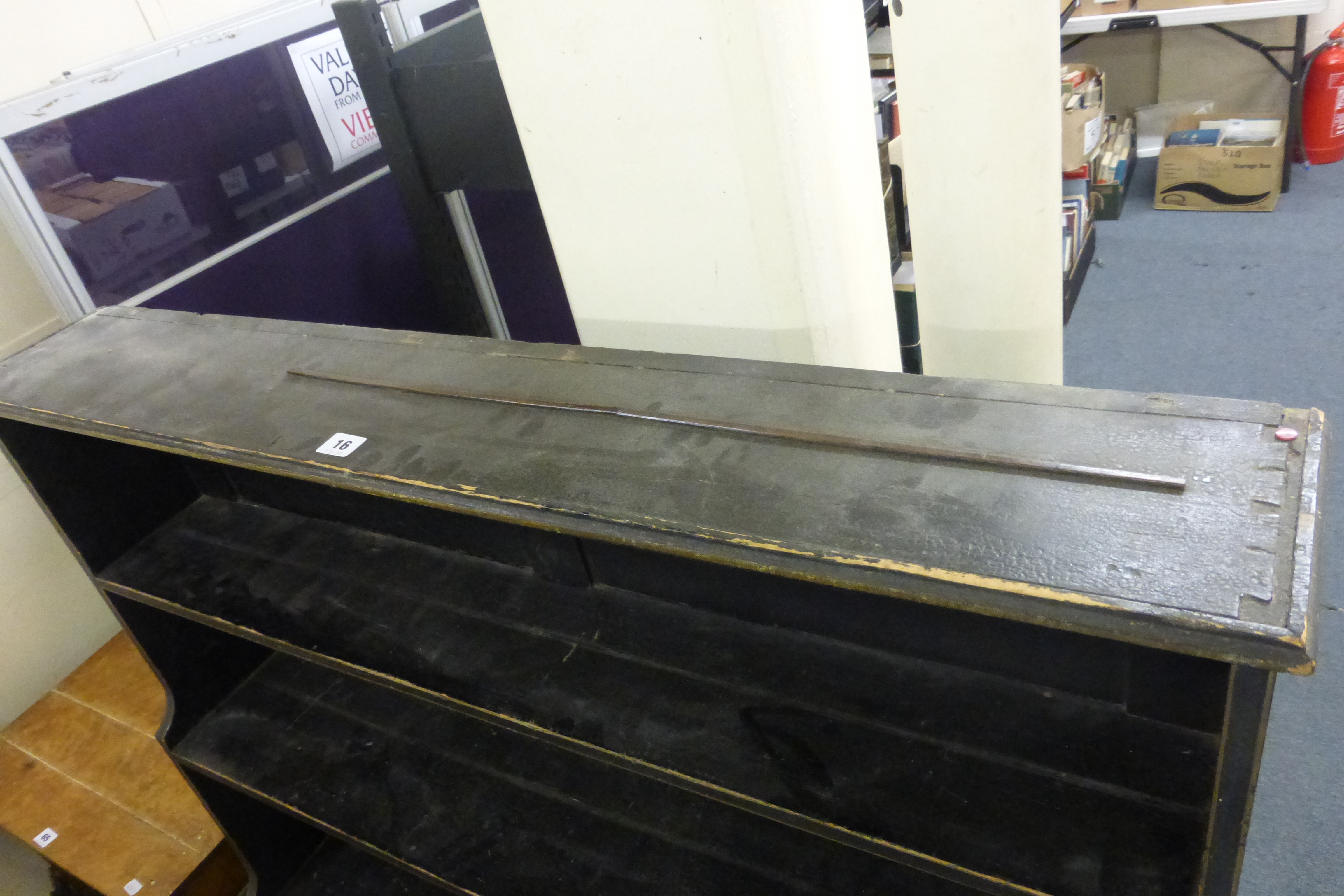 A Victorian black painted and strung open bookcase of waterfall form on a plinth base, w. 108 cm h. - Image 5 of 10