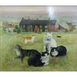 Susan French (20th century), Cats playing in a field, signed, oil on board,