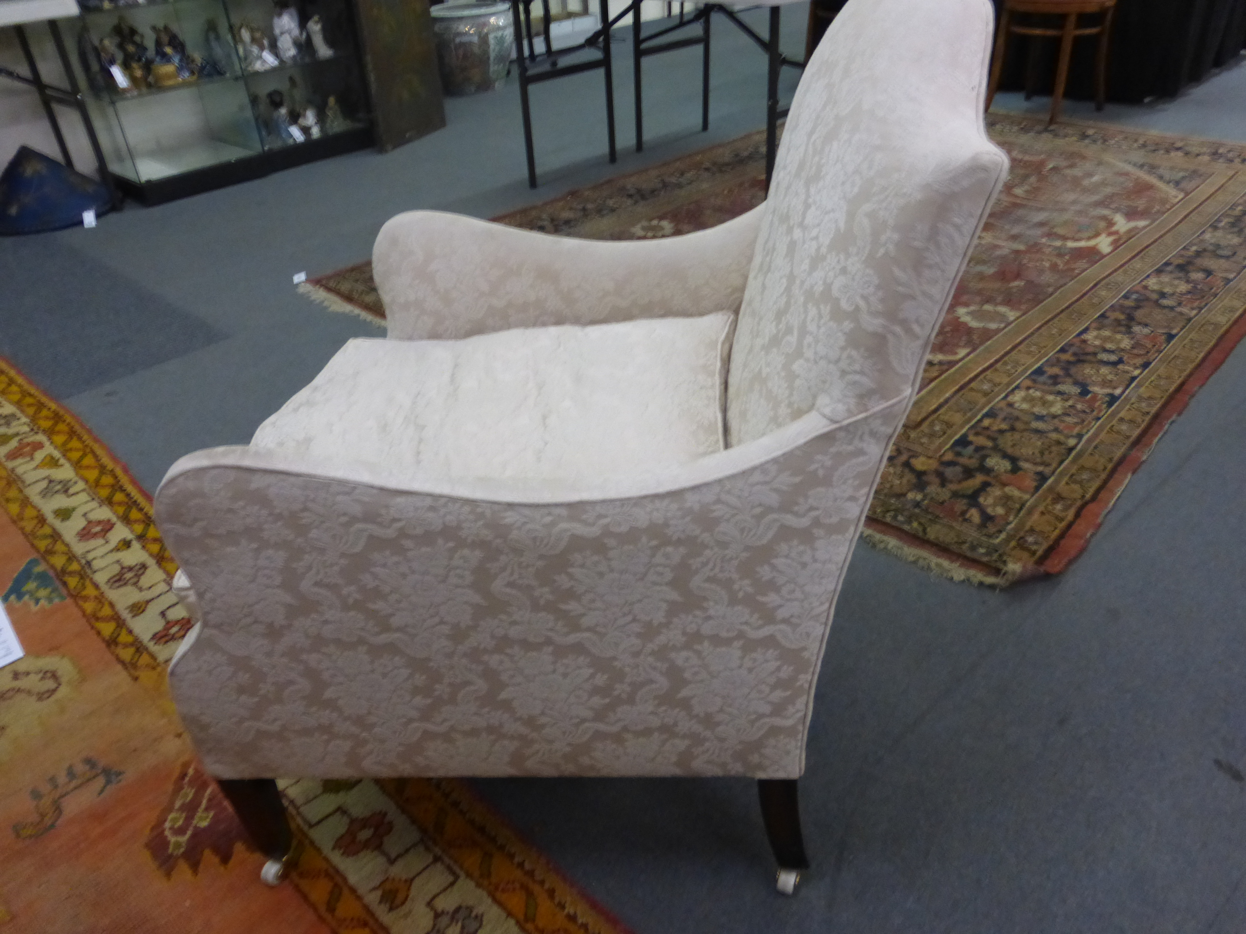 A George III-style upholstered highback armchair on mahogany square tapering legs - Image 6 of 7