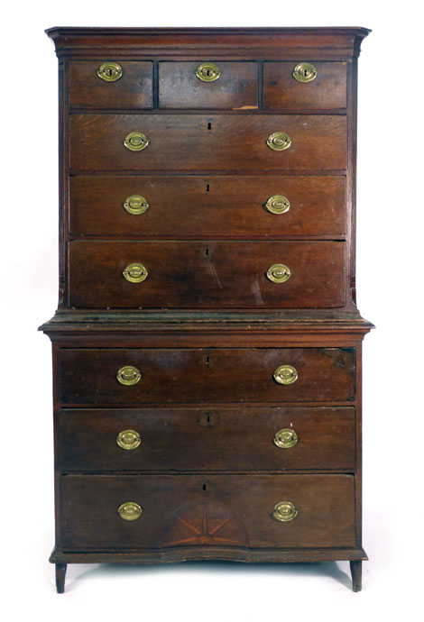 A George III oak chest on chest with an arrangement of three short and six long graduated drawers, - Image 2 of 5