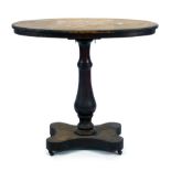 A 19th century walnut and marquetry oval games table on a column support with a platform base, max.