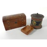 A 19th century walnut and marquetry box, a walnut and brass mounted stationary box of domed form,
