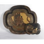 A Japanese lacquer work tray centrally depicting a Samurai, w.