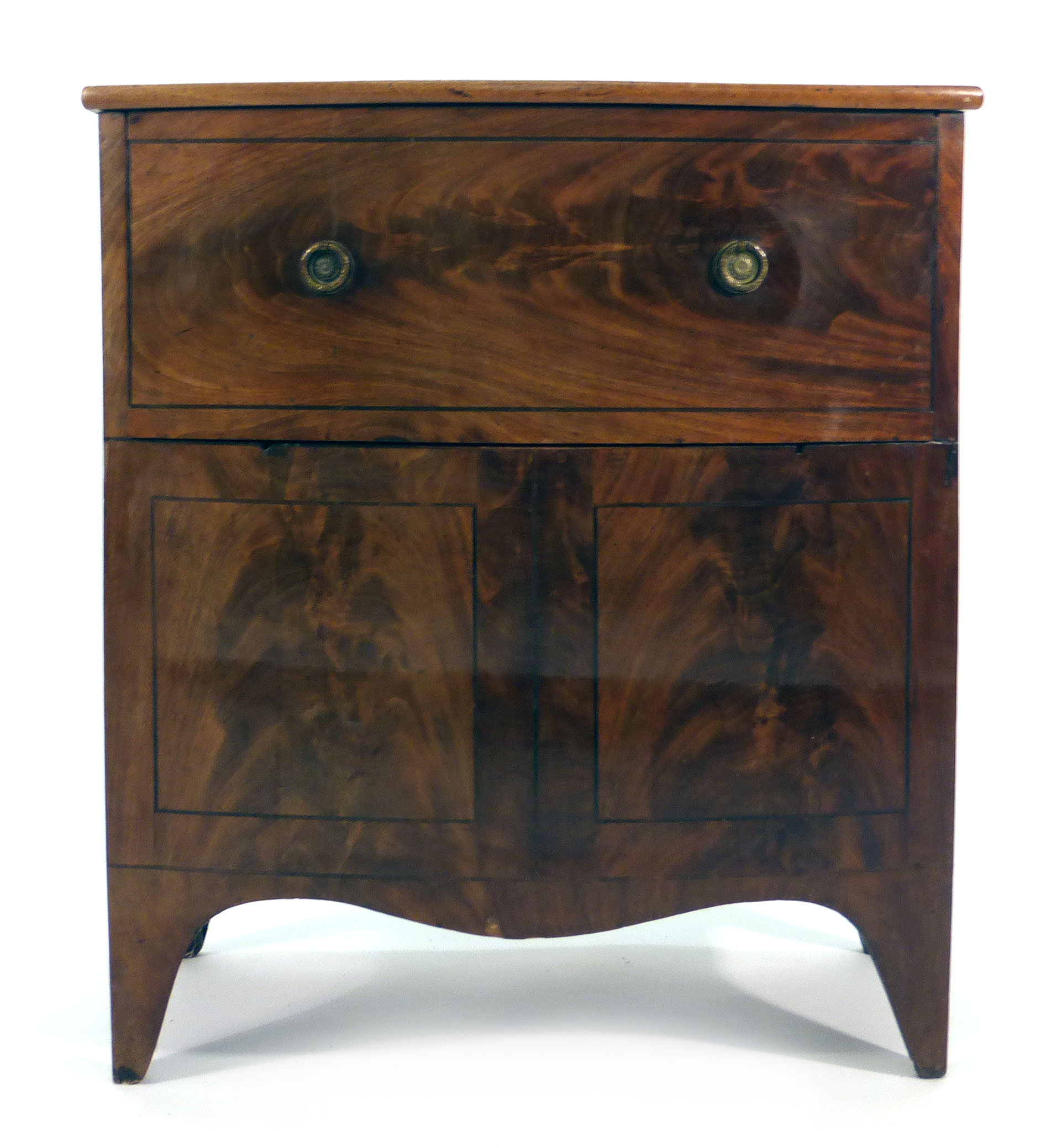 A George III mahogany, strung and bow fronted commode on bracket feet, w.