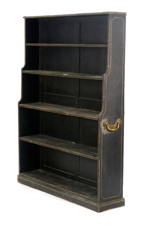 A Victorian black painted and strung open bookcase of waterfall form on a plinth base, w. 108 cm h.