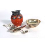 A pair of miniature silver quaiches, five silver shell end teaspoons and a metalware salt spoon,