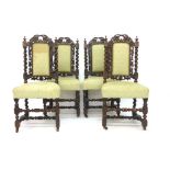 A set of four Victorian oak and upholstered hall chairs with barley twist columns