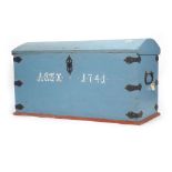 A Scandinavian dome topped and metal bound marriage trunk, the front initialled 'ARDK 1741', l.