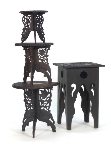 AMENDED DESCRIPTION: A set of three 20th century carved and inlaid Anglo-Indian graduated tables on