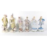 Three pairs of 18th century-style figures, max h.