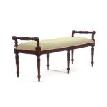 A late 19th-style century mahogany and upholstered window seat on turned legs, l.