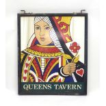 A 20th century lithographic double-sided public house sign on a wooden backing, 'Queens Tavern',