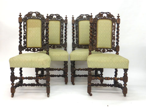 A set of four Victorian oak and upholstered hall chairs with barley twist columns - Image 2 of 2