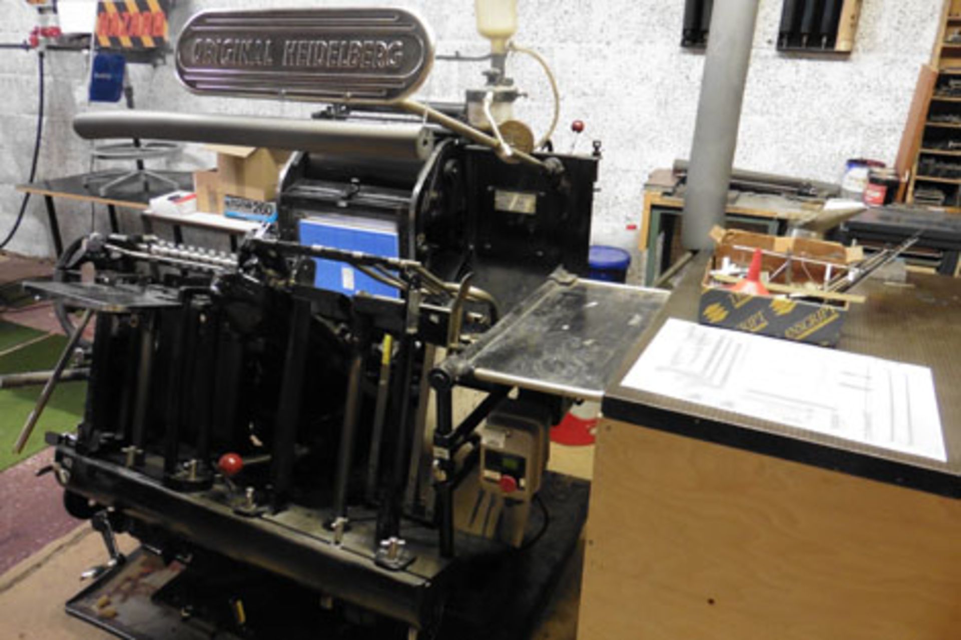 Original Heidelberg 10'' x 13'' platen press with 'stone', accessories, dies, lead cutter and - Image 2 of 9