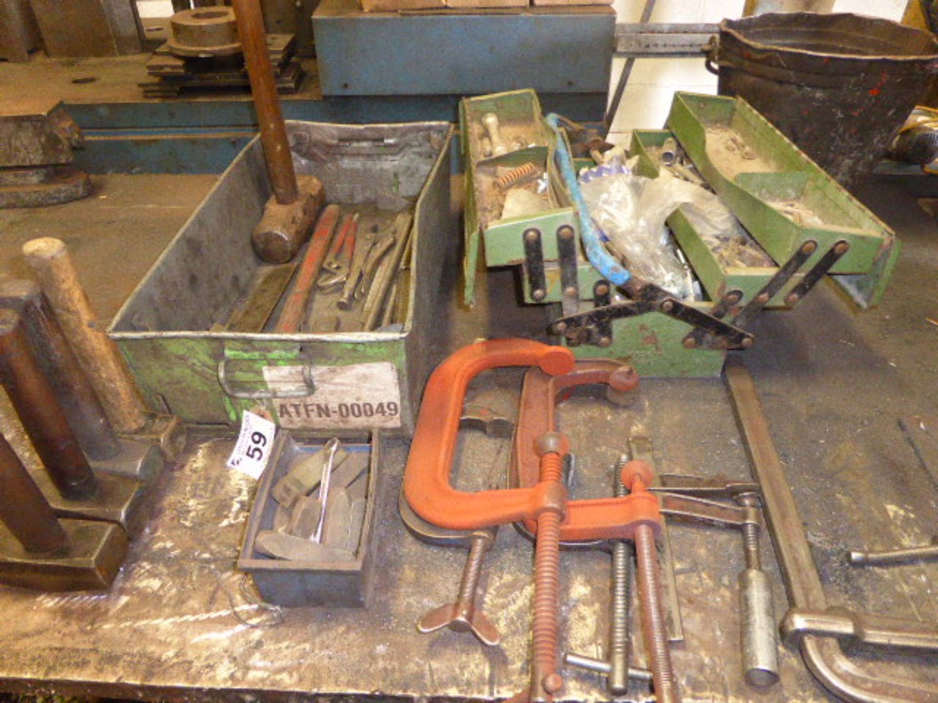 Qty of G&F clamps, hand tools and hammers in a tool box and tote tray
