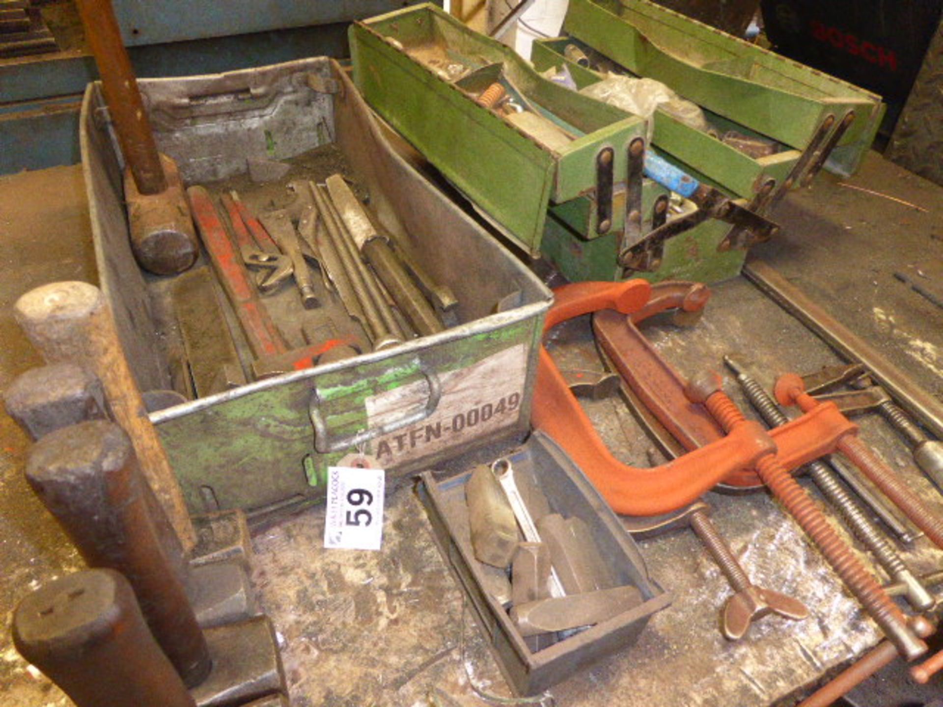 Qty of G&F clamps, hand tools and hammers in a tool box and tote tray - Image 2 of 3