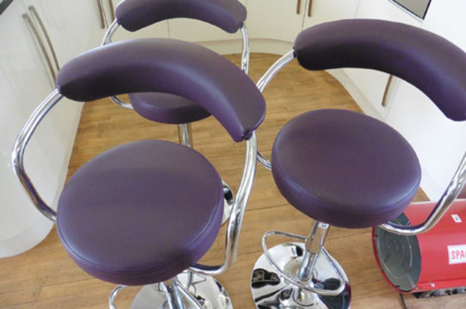 Set of 3 aubergine leather effect upholstered and chrome adjustable height bar stools with back - Image 2 of 2