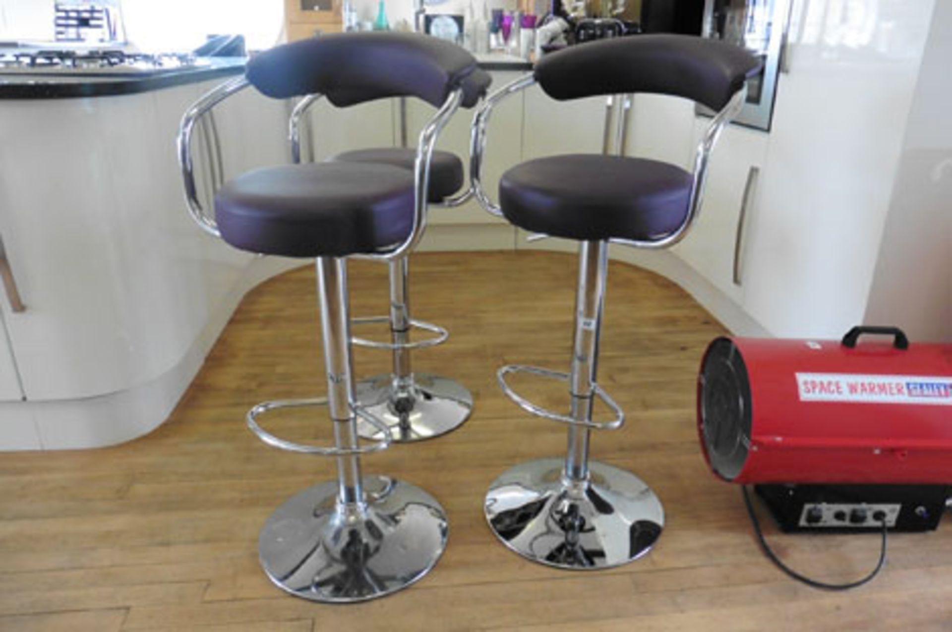 Set of 3 aubergine leather effect upholstered and chrome adjustable height bar stools with back