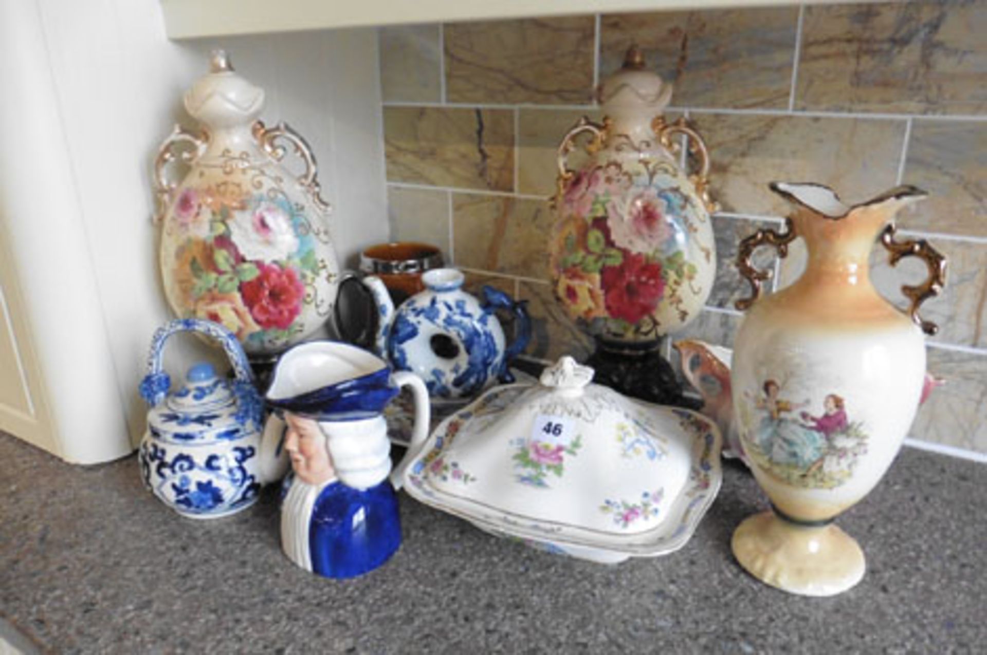 Collection of ceramic decorative items including tureen, vase etc