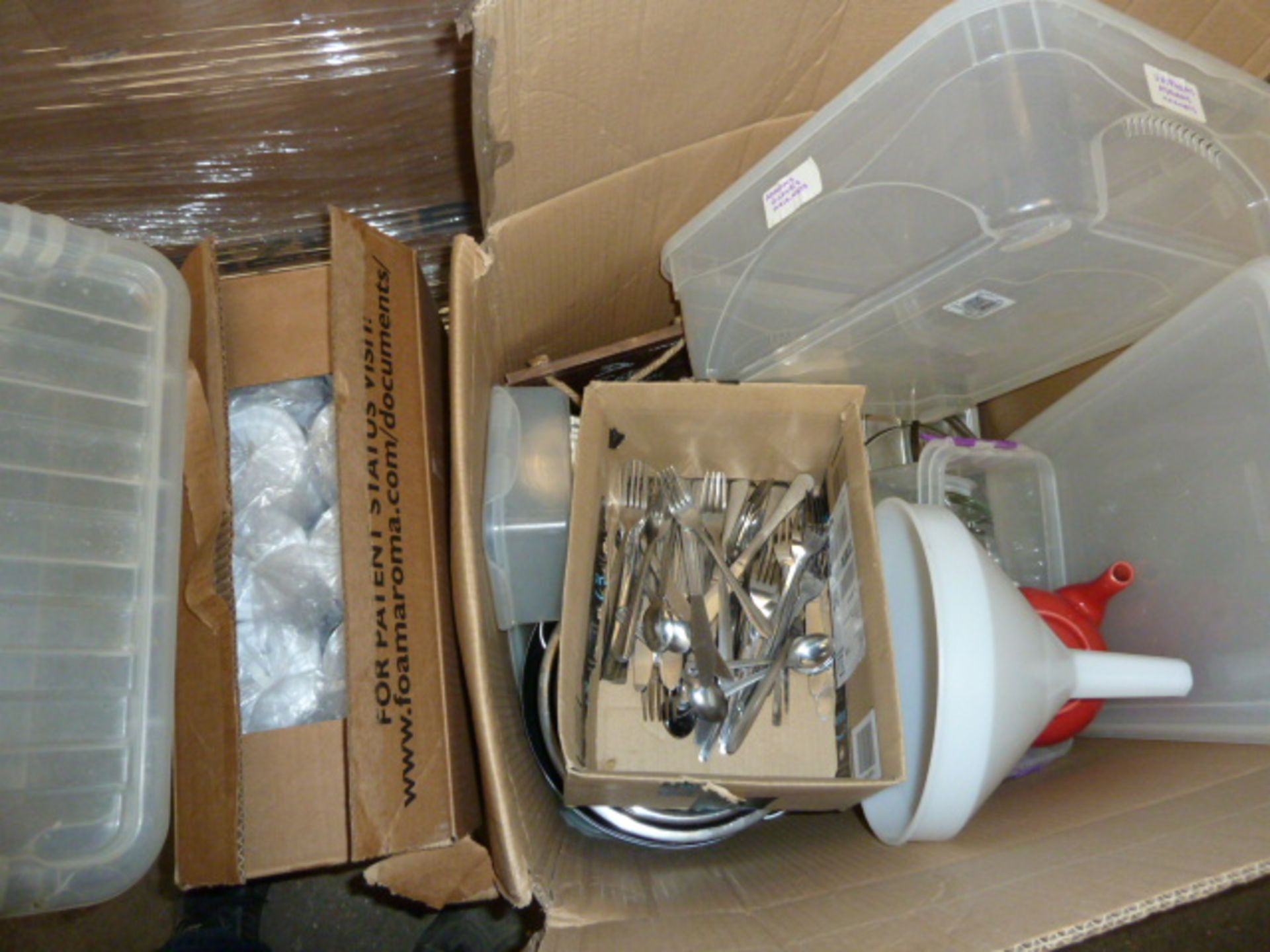 2 large boxes of assorted items incl. tupperware, stainless steel cutlery and disposable cup lids