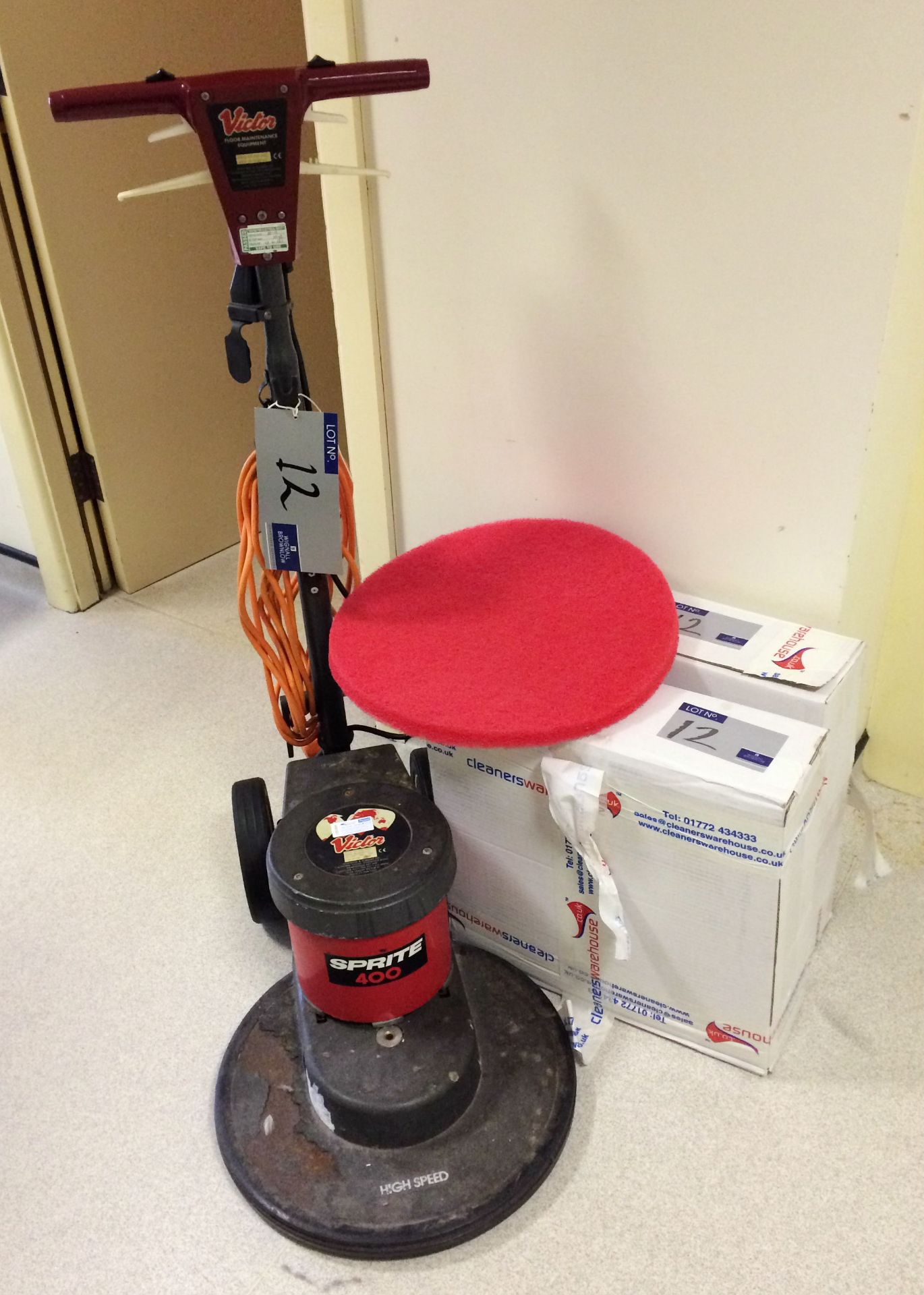 A Vigor Sprite 400 High Speed Floor Polisher with 2 Boxes of Polishing Pads.