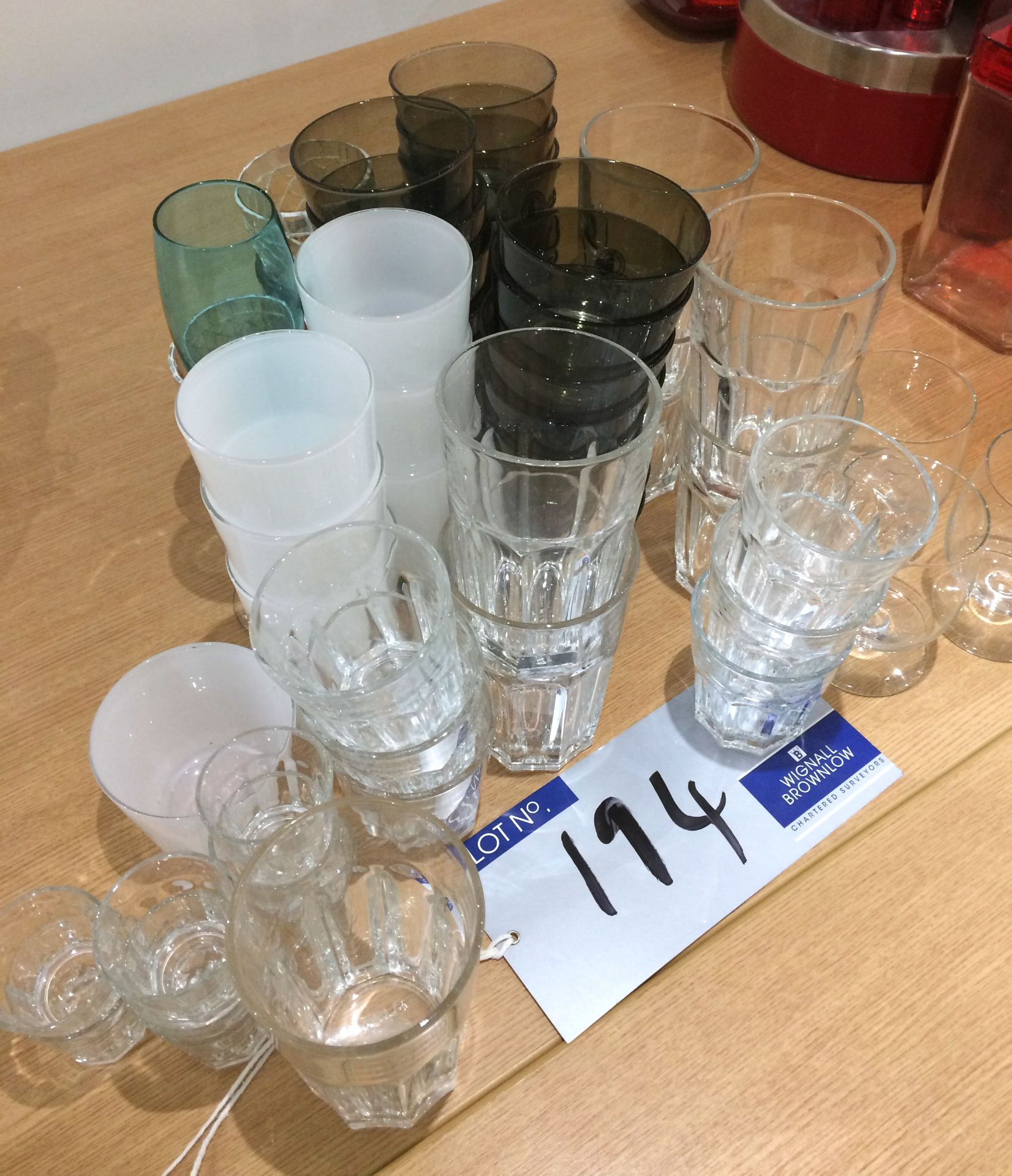 Assorted Glassware including Tumblers, Shot Glasses, Wine Glasses-approx. 50 in various colours.