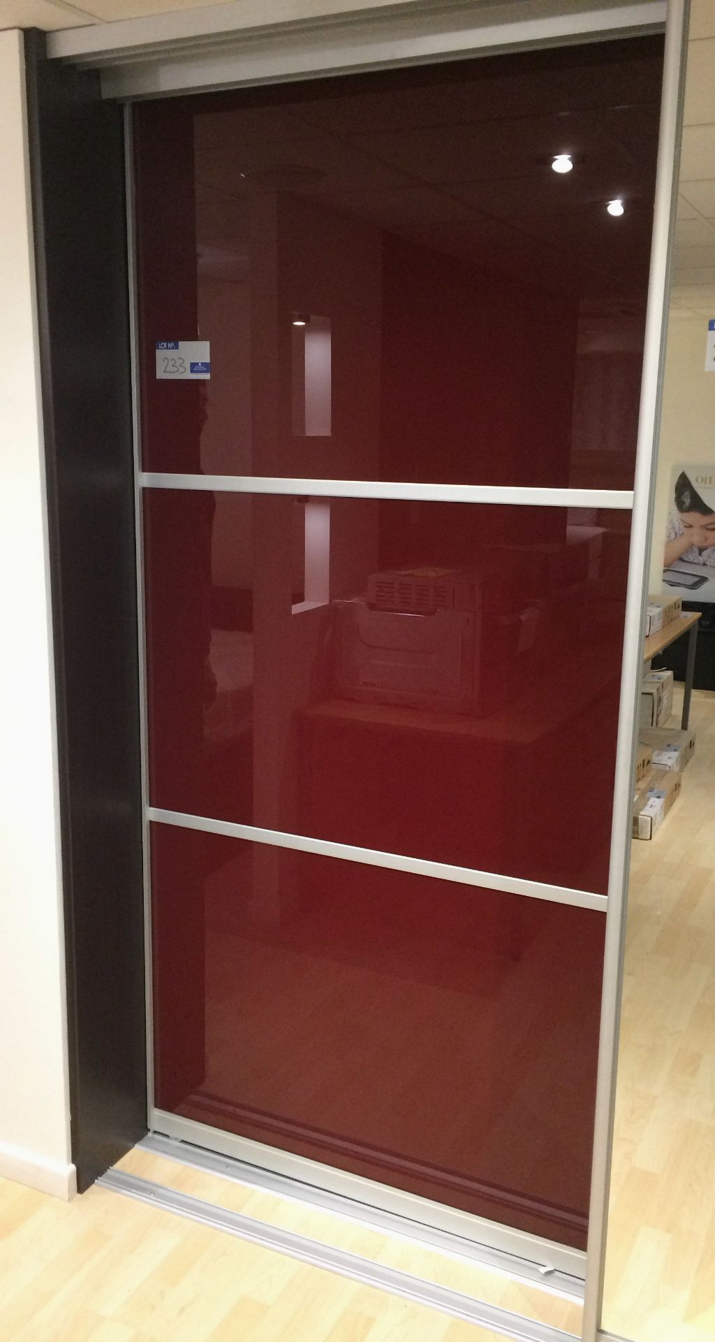 A Dark Red Glass Three Panel Sliding Door, 1150 x 2230mm h.