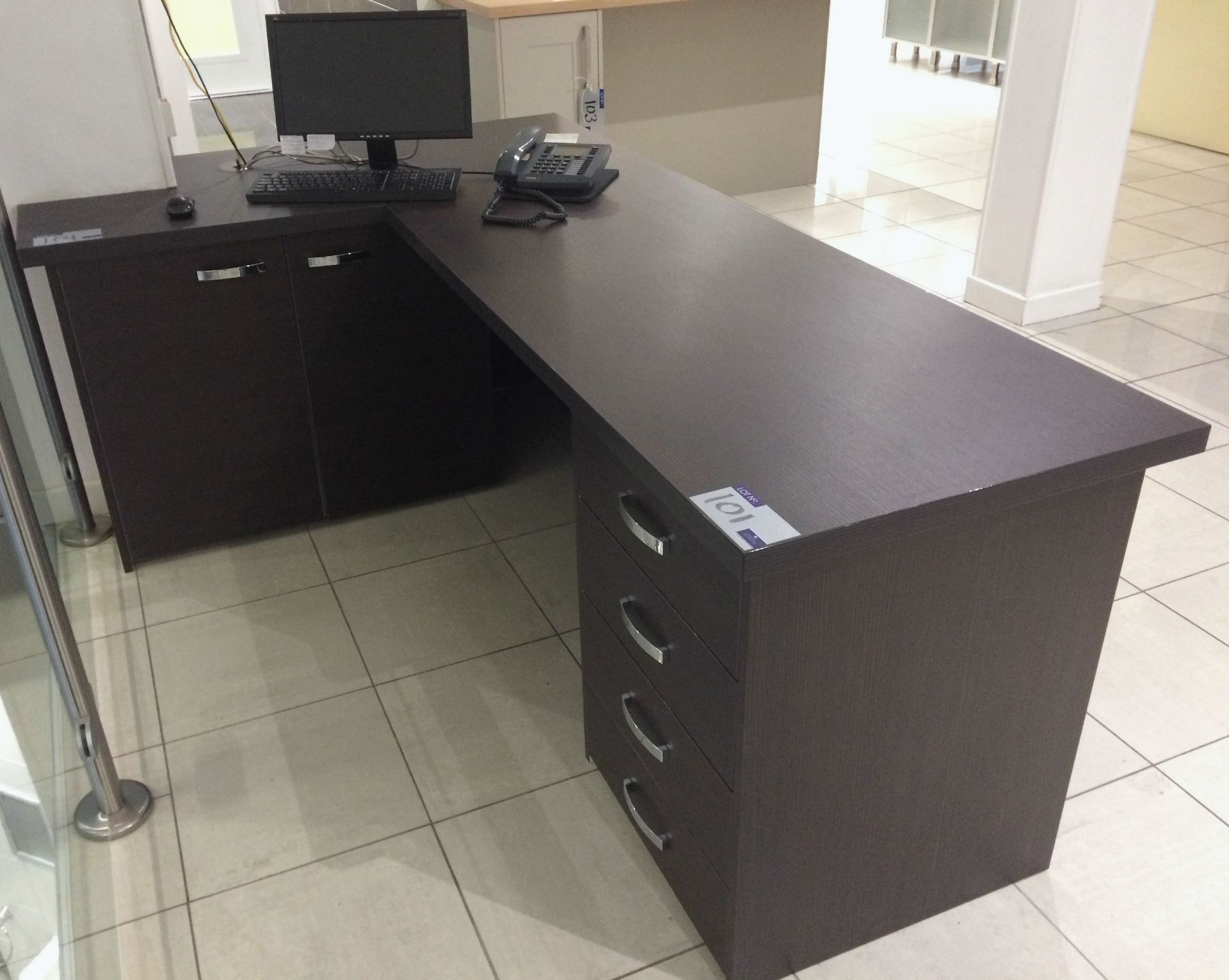 A JJO Avola Truffle L Shape Desk, 2190 x 660/730 x 660 x 785mm h with 4 drawer Pedestal, 535mm w and