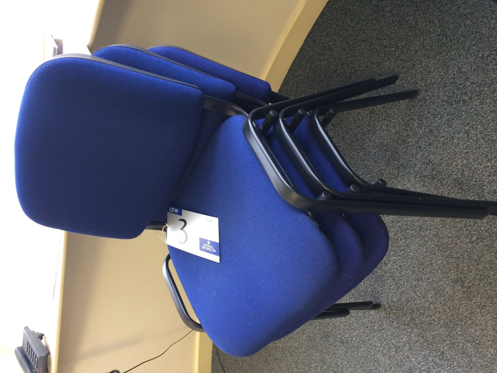 3 Blue Cloth Upholstered Office Chairs.