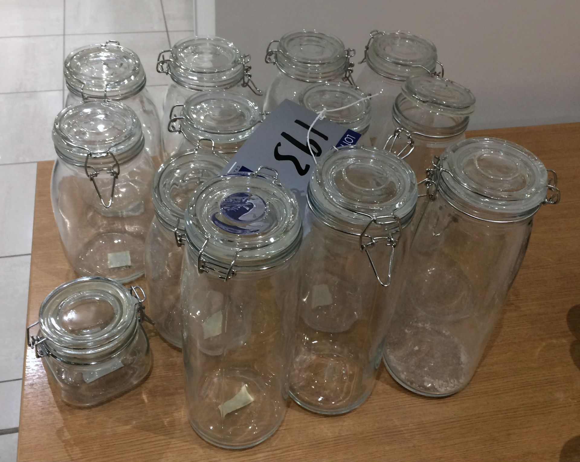 11 Ikea Glass Kilner Jars, 22cm; 3 Glass Kilner Jars, 30cm; 1 Chunky Glass Kilner Jar, 10cm.