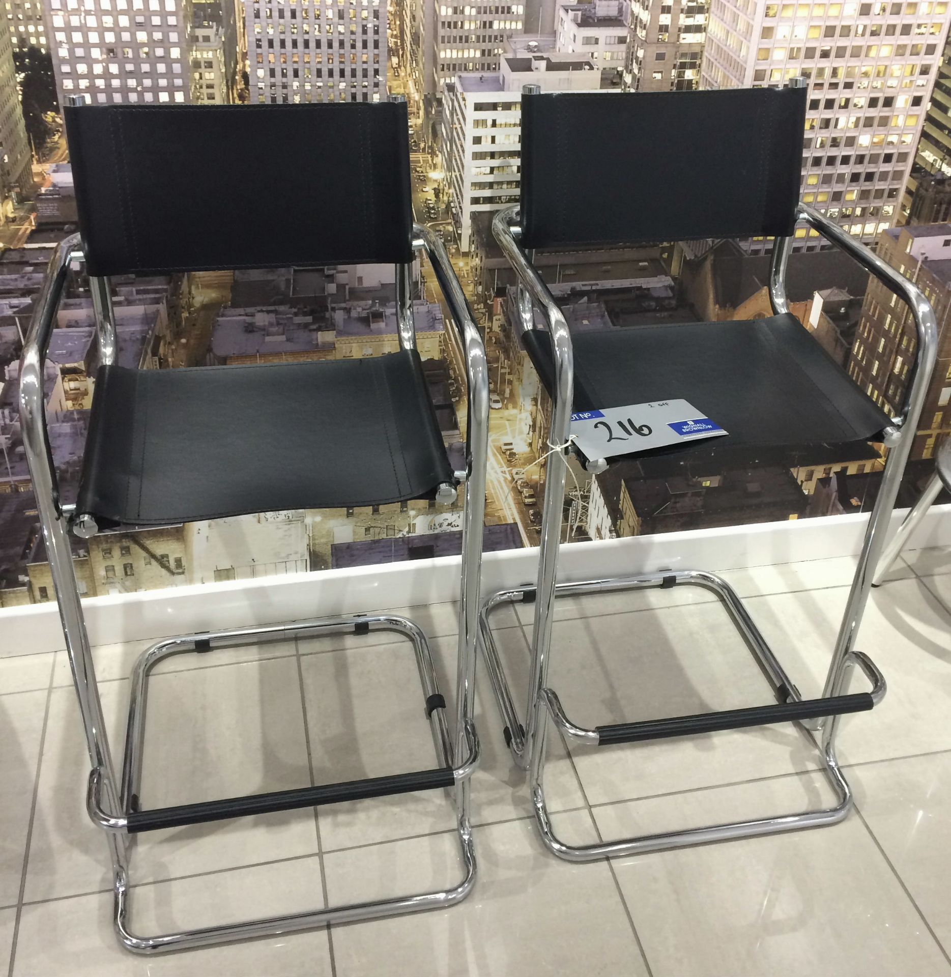 2 Chrome Framed Black Leather Effect Bar Chairs, 610mm h.