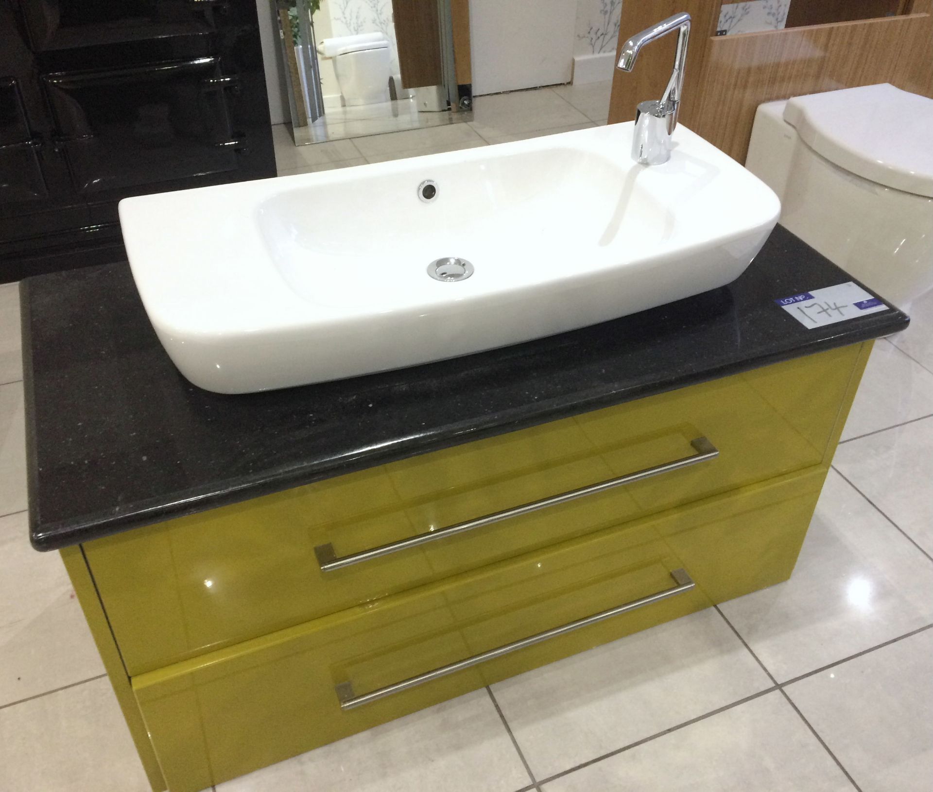 A Ceramic Wash Basin, 790mm with Chrome Mixer Tap and Waste; Mustard Green/Black Glass 2 drawer