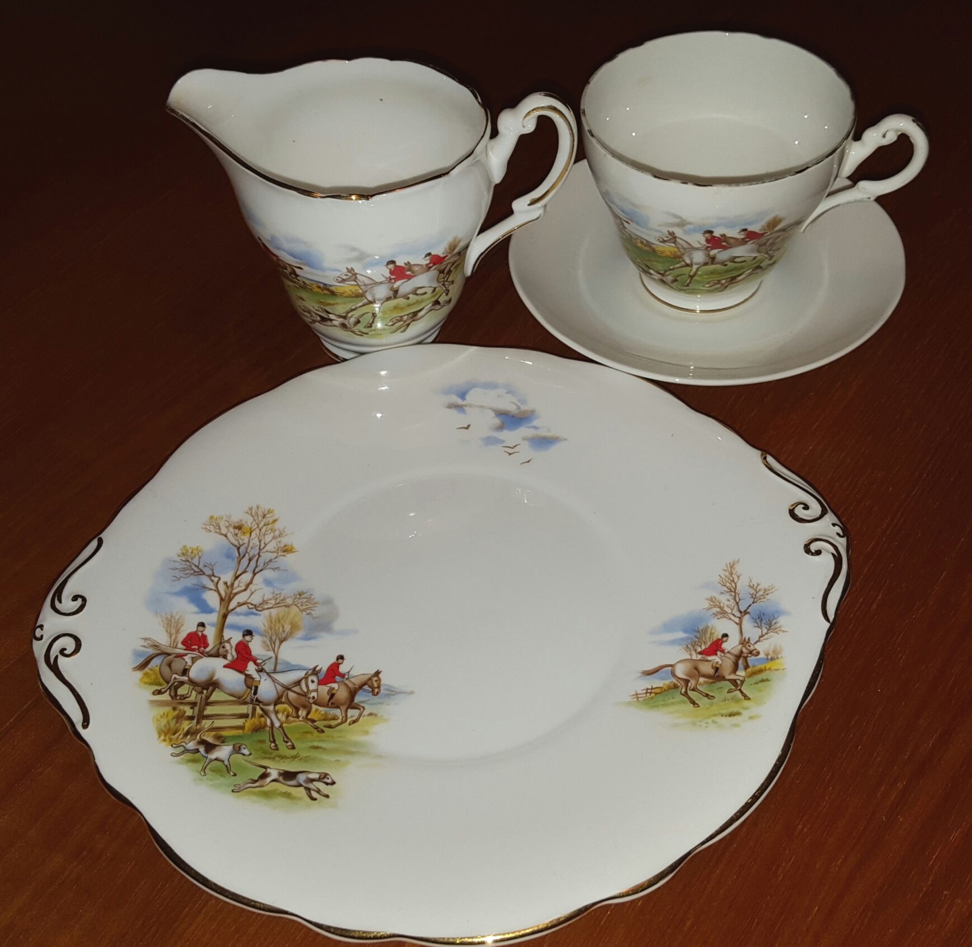 Hunting Scene Staffordshire Cup Saucer Plate & Creamer