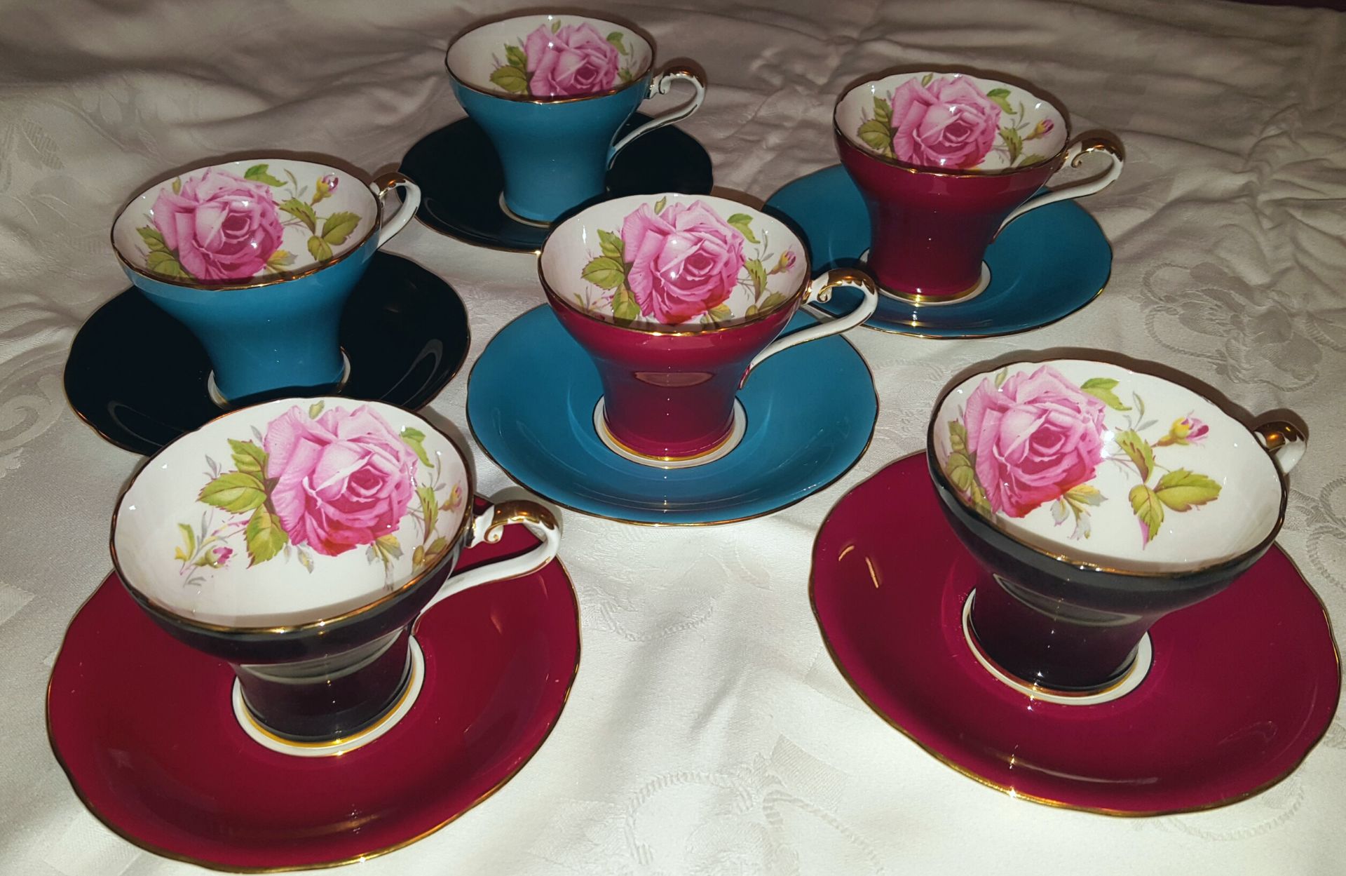 Set of 6 Multi Coloured Aynsley Tea Cups & Saucers