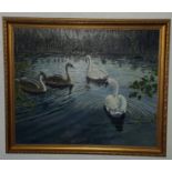 Painting Oil on Board Swans on Lake signed Beardmore c1980's