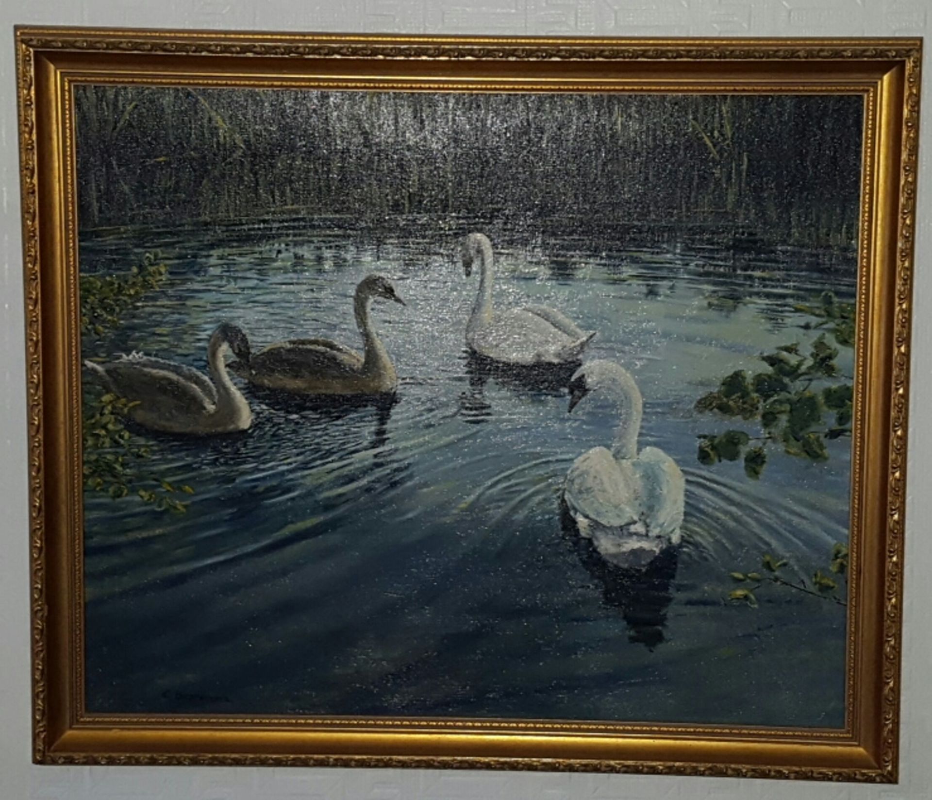 Painting Oil on Board Swans on Lake signed Beardmore c1980's