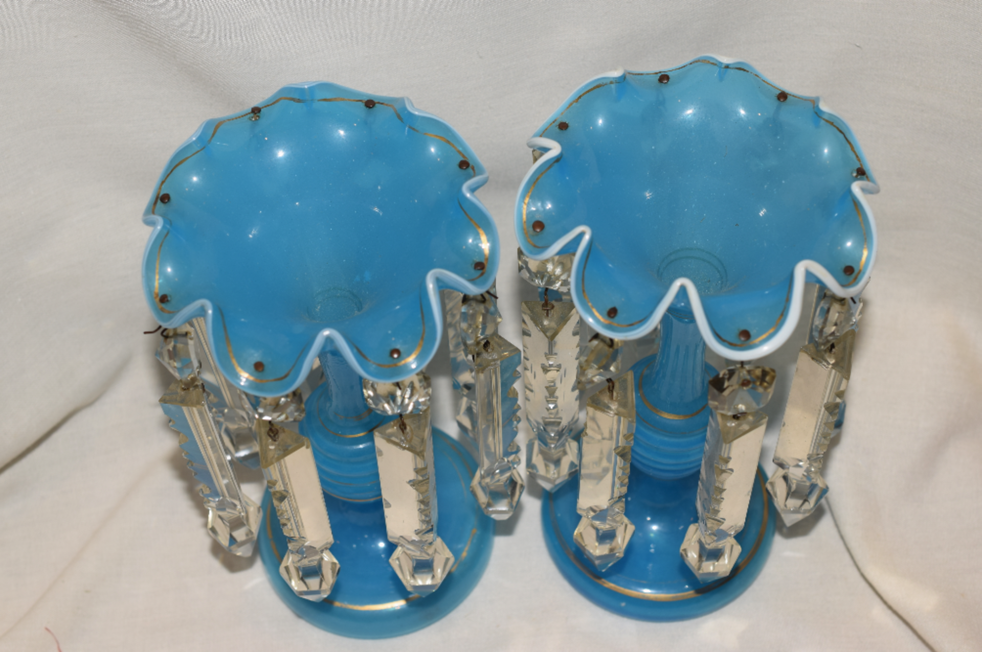 Pair Of Victorian Turquoise Blue Glass Lustre Posy Vases - Image 5 of 6