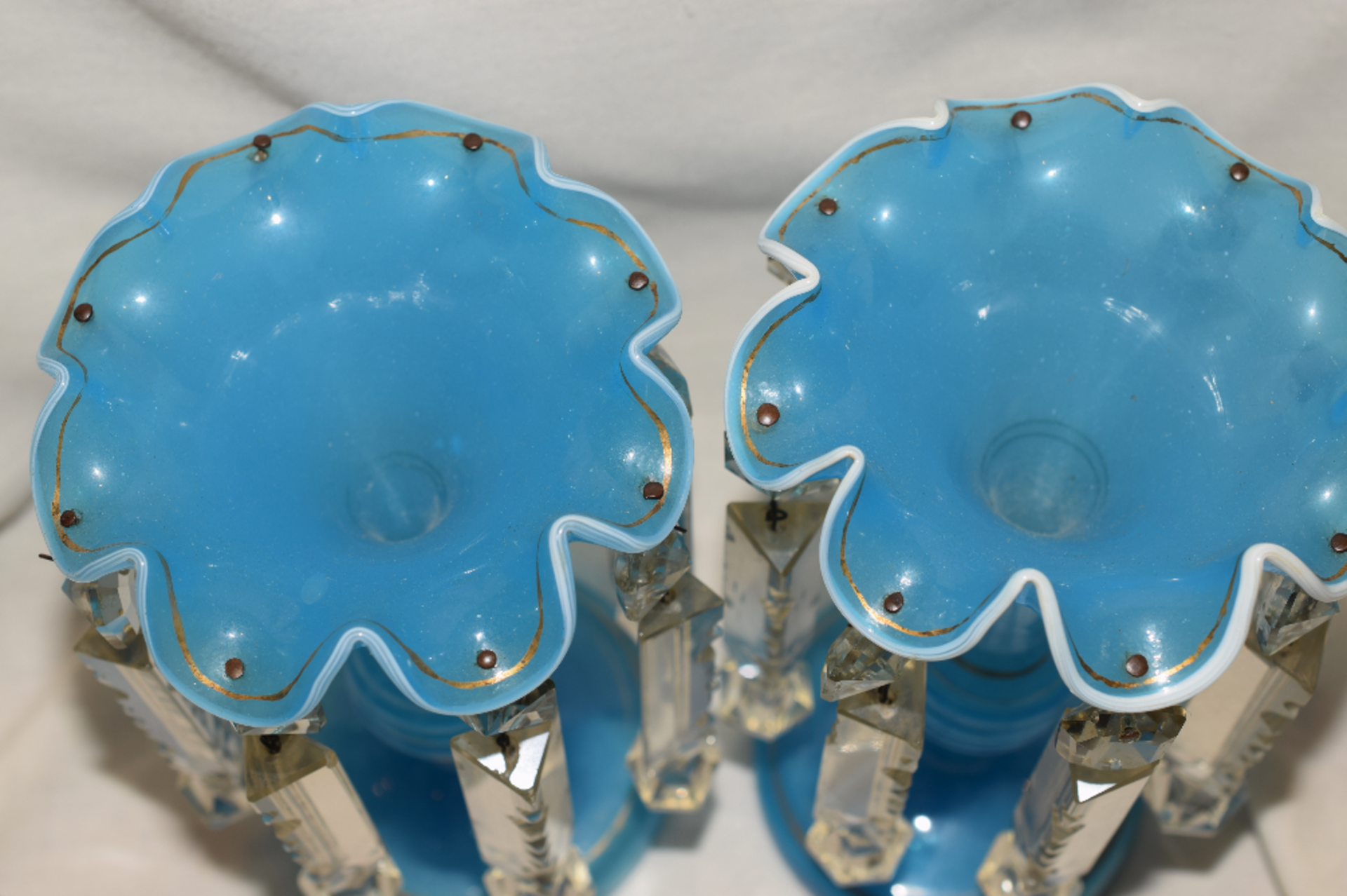 Pair Of Victorian Turquoise Blue Glass Lustre Posy Vases - Image 4 of 6