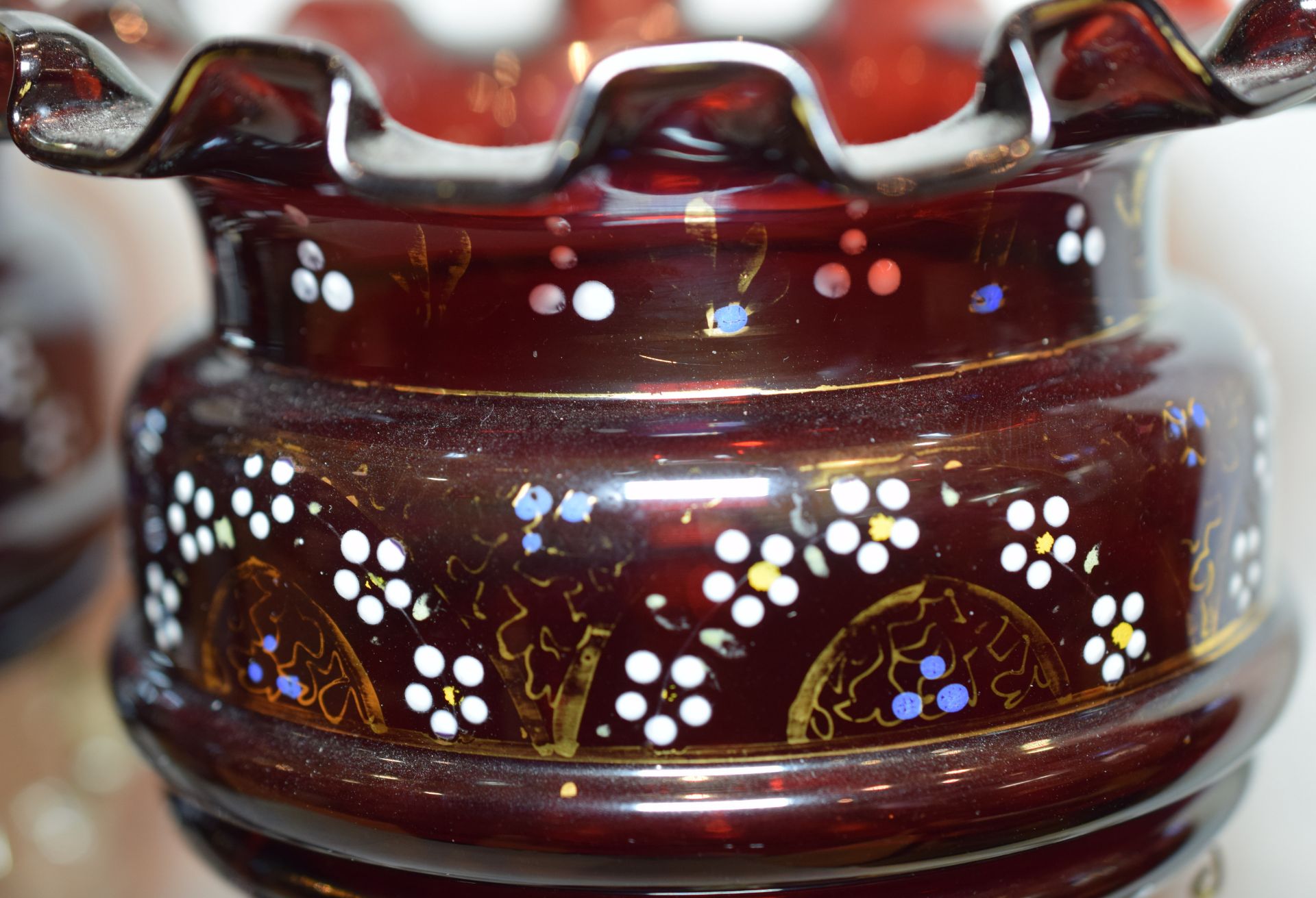 Pair Of Victorian Ruby Glass Lustre Posy Vases - Image 3 of 6