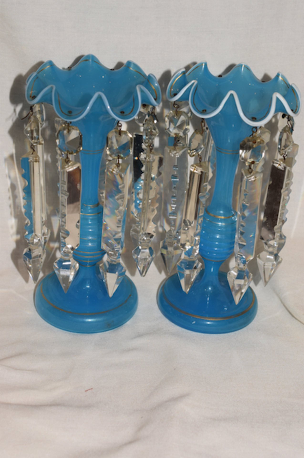 Pair Of Victorian Turquoise Blue Glass Lustre Posy Vases